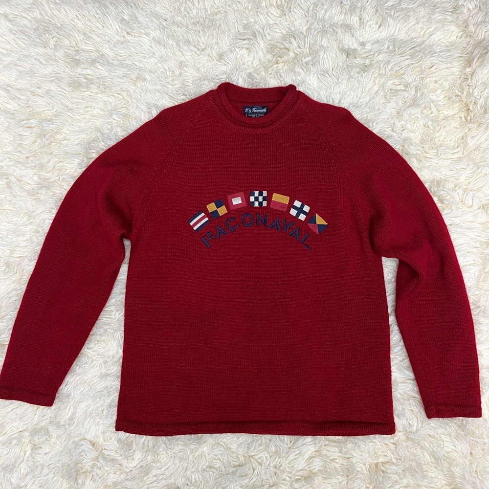 Faconnable Burgundy Crewneck Sweater with Nautical Flag Embroidery